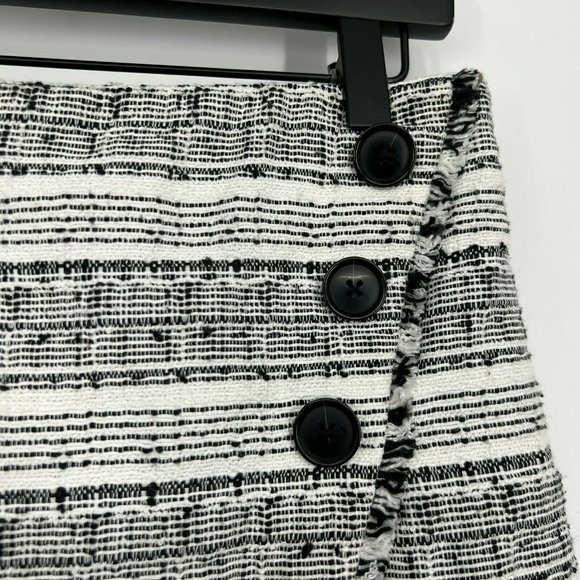 LOFT Skirt Black White Tweed Stripe Asymmetrical Fray Hem Button - Picture 4 of 11